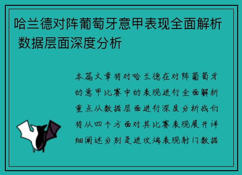 哈兰德对阵葡萄牙意甲表现全面解析 数据层面深度分析 哈兰德对阵葡萄牙意甲表现全面解析 数据层面深度分析